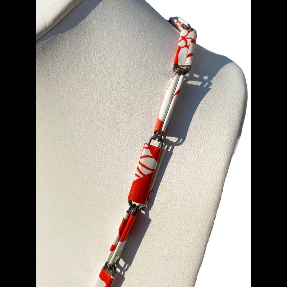 36” Handcrafted Artsy Wrapped Paperclip Necklace Shiny Orange White - Picture 6 of 8